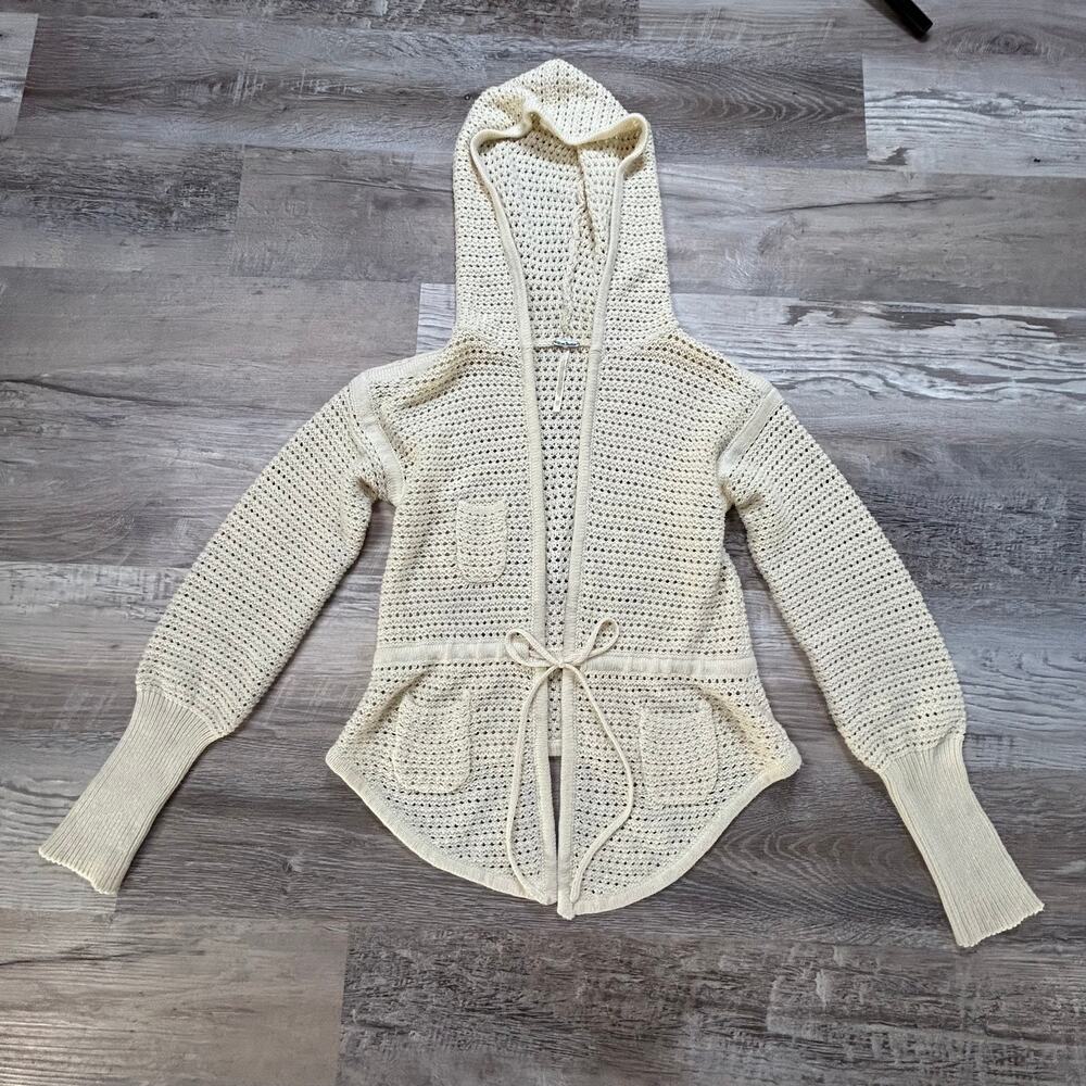 Free People Cream Crochet Hooded Cardigan Sweater Boho Fairy Grunge Coastal XS